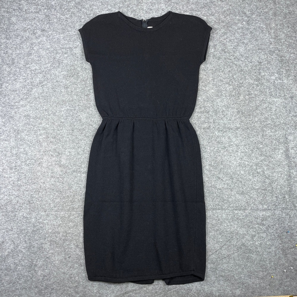 Vintage 80s St. John Knit Dress Womens 6 Black Marie Gray Cap Sleeve Midi
